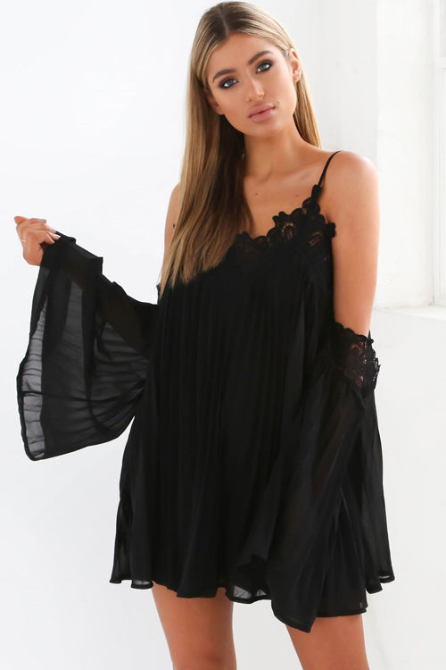 Lace Embroidered Cold Shoulder Pleated Dress - 2 Colors Black