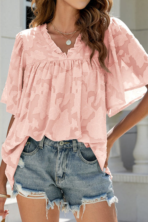 A Chance For Love Floral Jacquard Short Sleeve Top - 7 Colors Pink