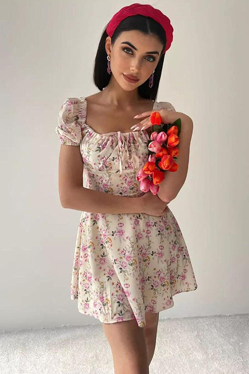 Floral Forever Puff Short Sleeve Printed Mini Dress - 3 Colors Pink
