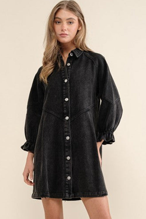 Step Out Half Sleeve Button Down Denim Mini Dress Black