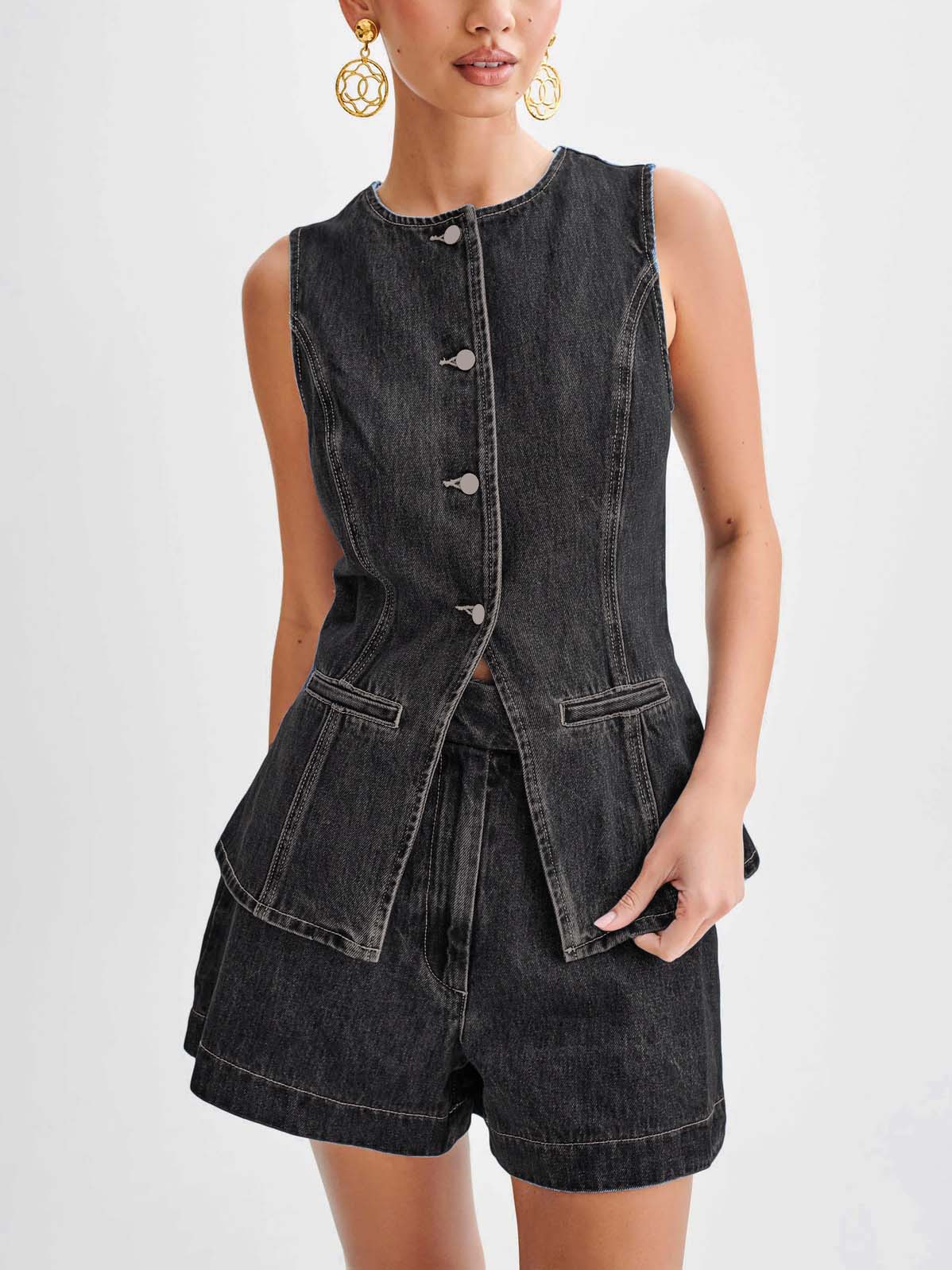 Minimalist Old Money Style Denim Vest And Shorts Suit Black