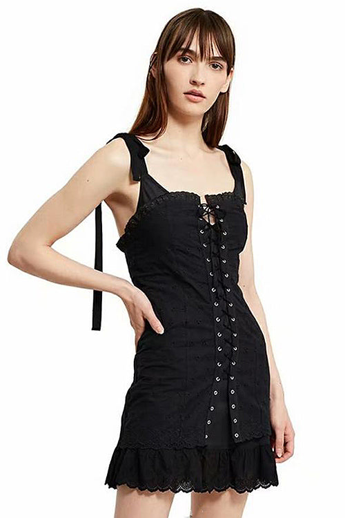 Lace Drawstring Cross Shift Dress - 2 Colors Black