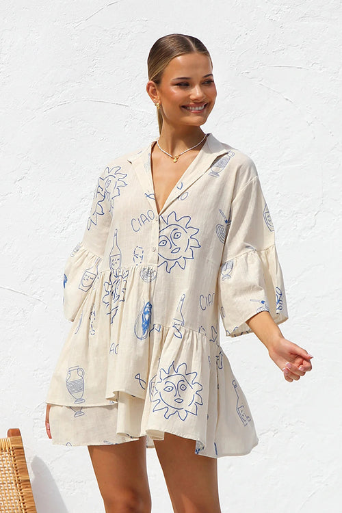 Open Your Heart Cotton Print A-Line Mini Dress - 5 Colors Cream&Blue
