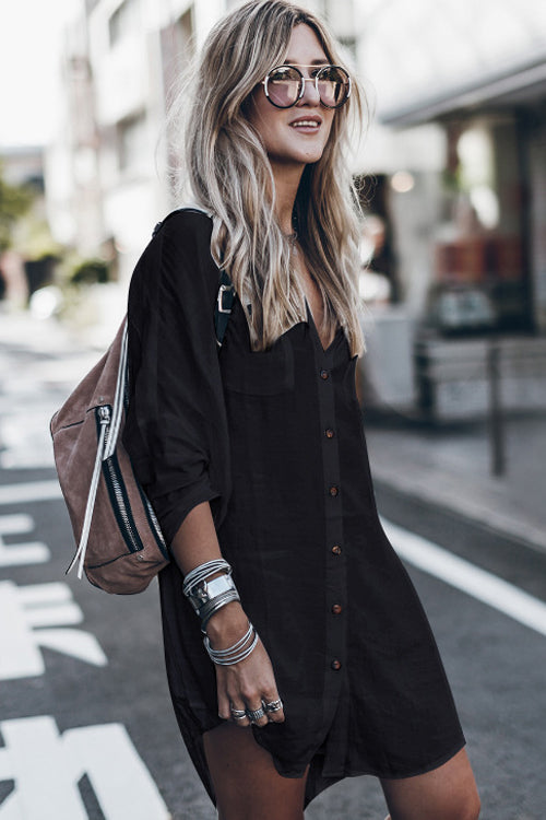 Take A Look Button Down Shirt Mini Dress - 2 Colors One Size Black