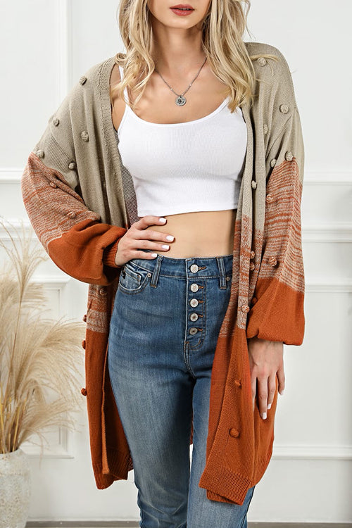 Wrapped In Cozy Fluffy Balls Long Sleeve Knit Cardigan - 2 Colors Khaki&Brown