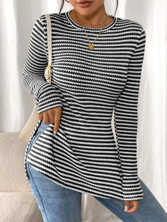 Slit Striped Long Sleeve Casual T-Shirt