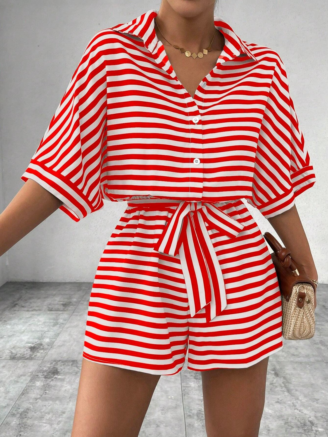 Striped Romper - Tie Waist