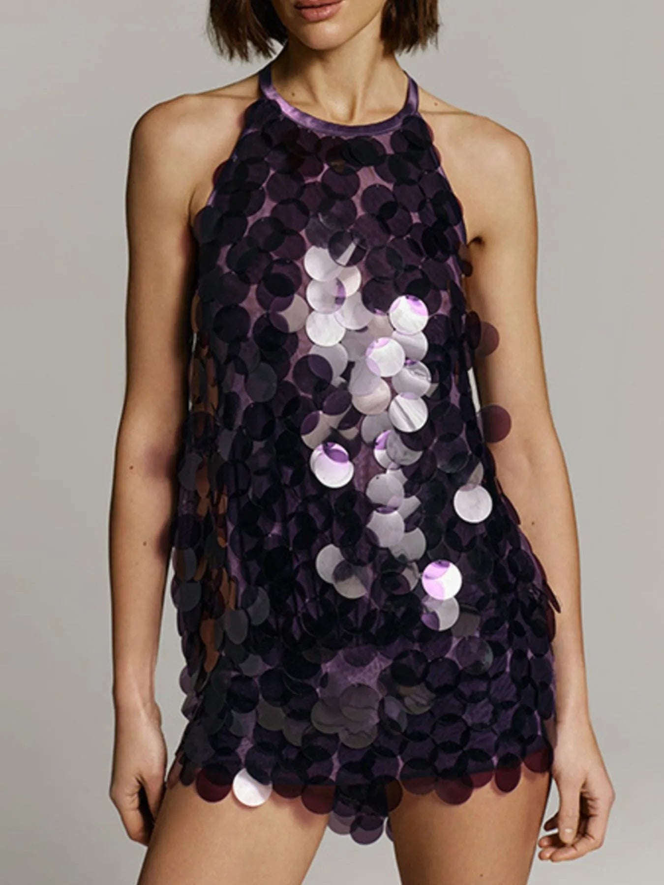 Plum Purple Backless Sequined Halter Neck Mini Dress – Sparkly Party Dress for Women | Swageye