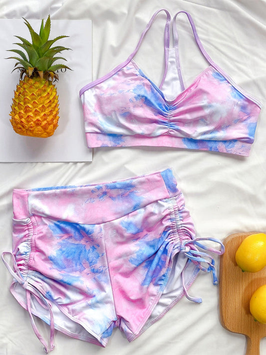 Tie-Dye Spaghetti Strap Top and Drawstring Shorts Swim Set