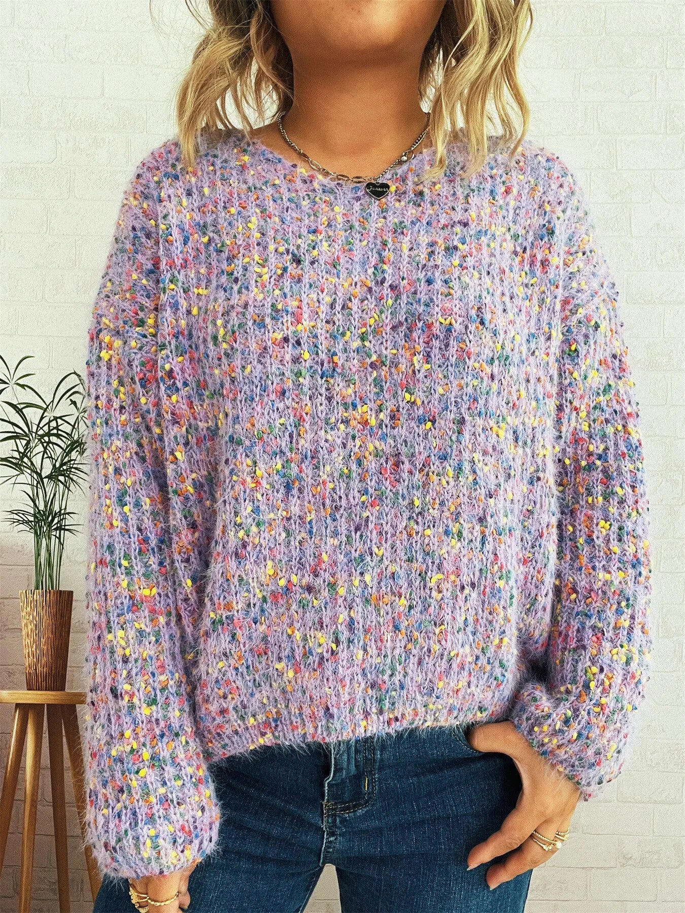 Women’s Colorful Long Sleeve Sweater – Vibrant Knit Pullover for Fall & Winter
