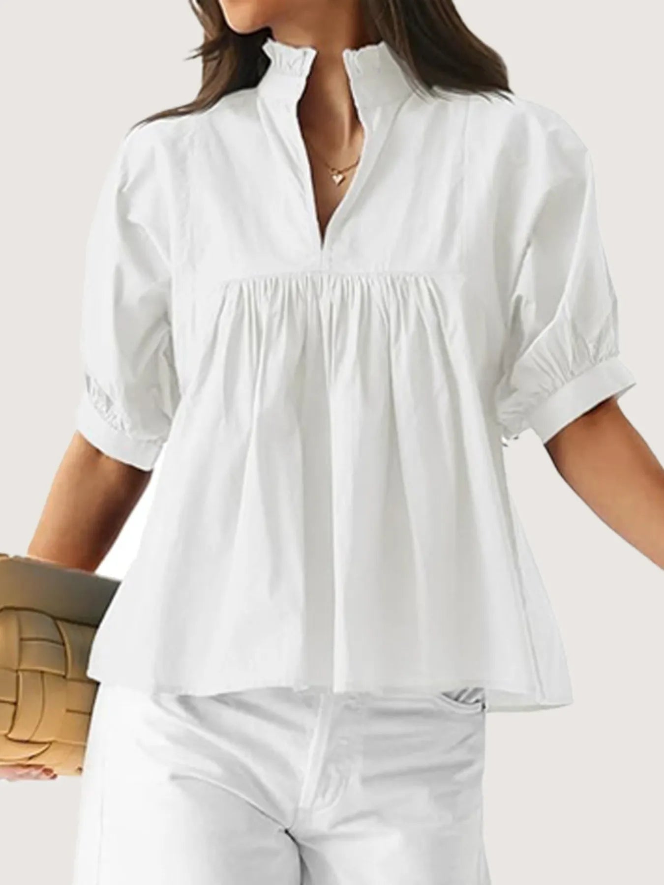 Notched Puff Sleeve Blouse