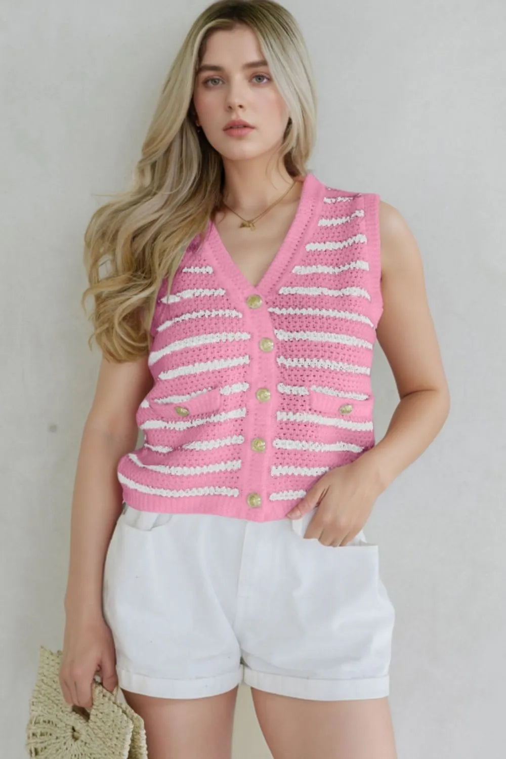 Striped Button-Up Knit Sweater Vest