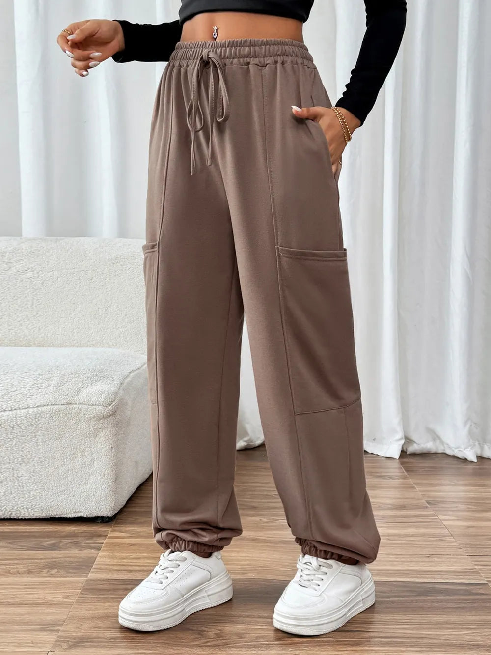 Taupe Jogger Pants – Tie Waist, Handy Pockets