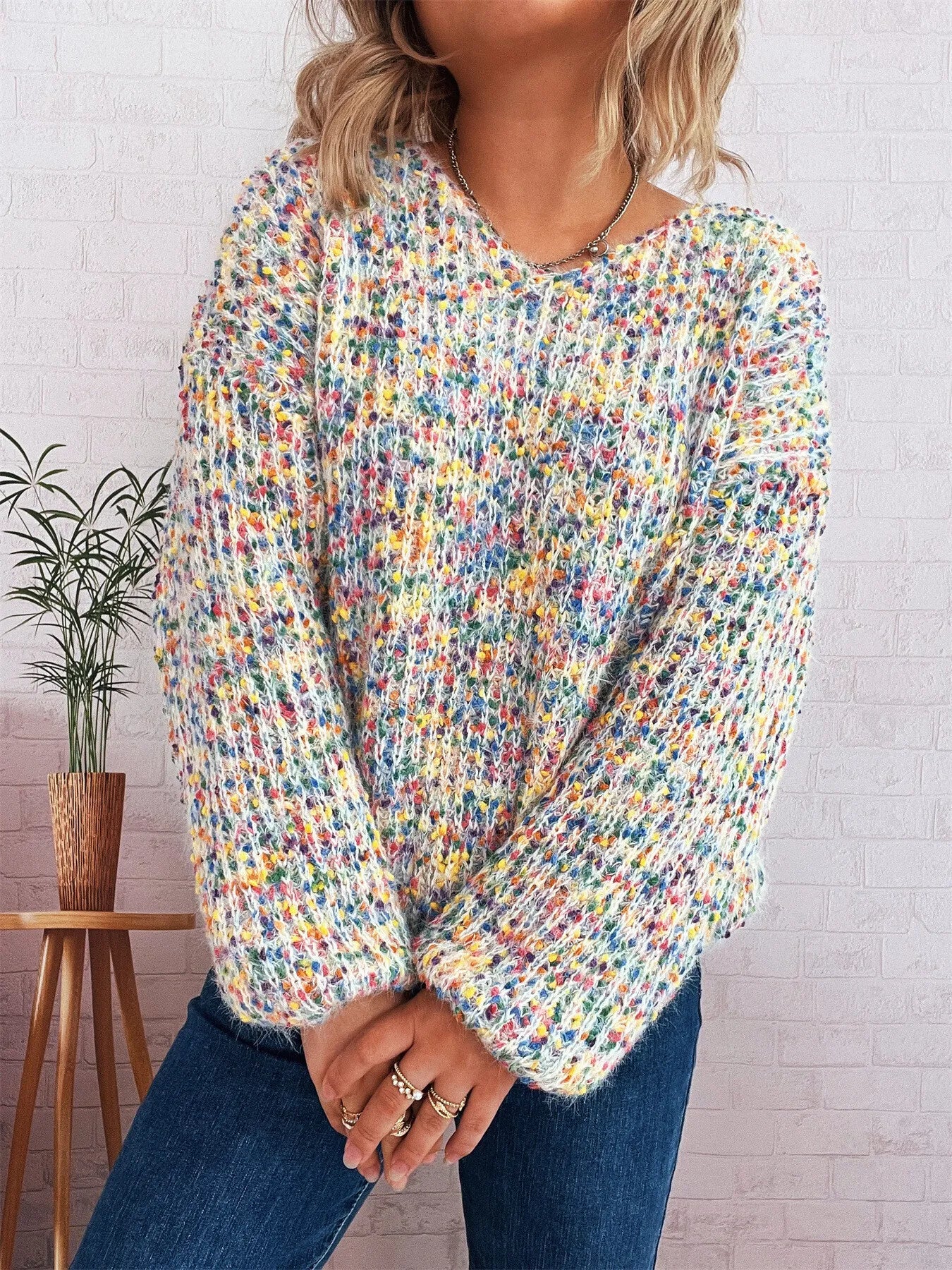 Women’s Colorful Long Sleeve Sweater – Vibrant Knit Pullover for Fall & Winter