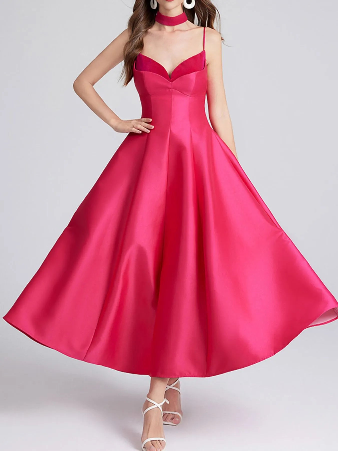 Sweetheart Spaghetti Strap Midi Dress with Collar – Elegant Summer Dress