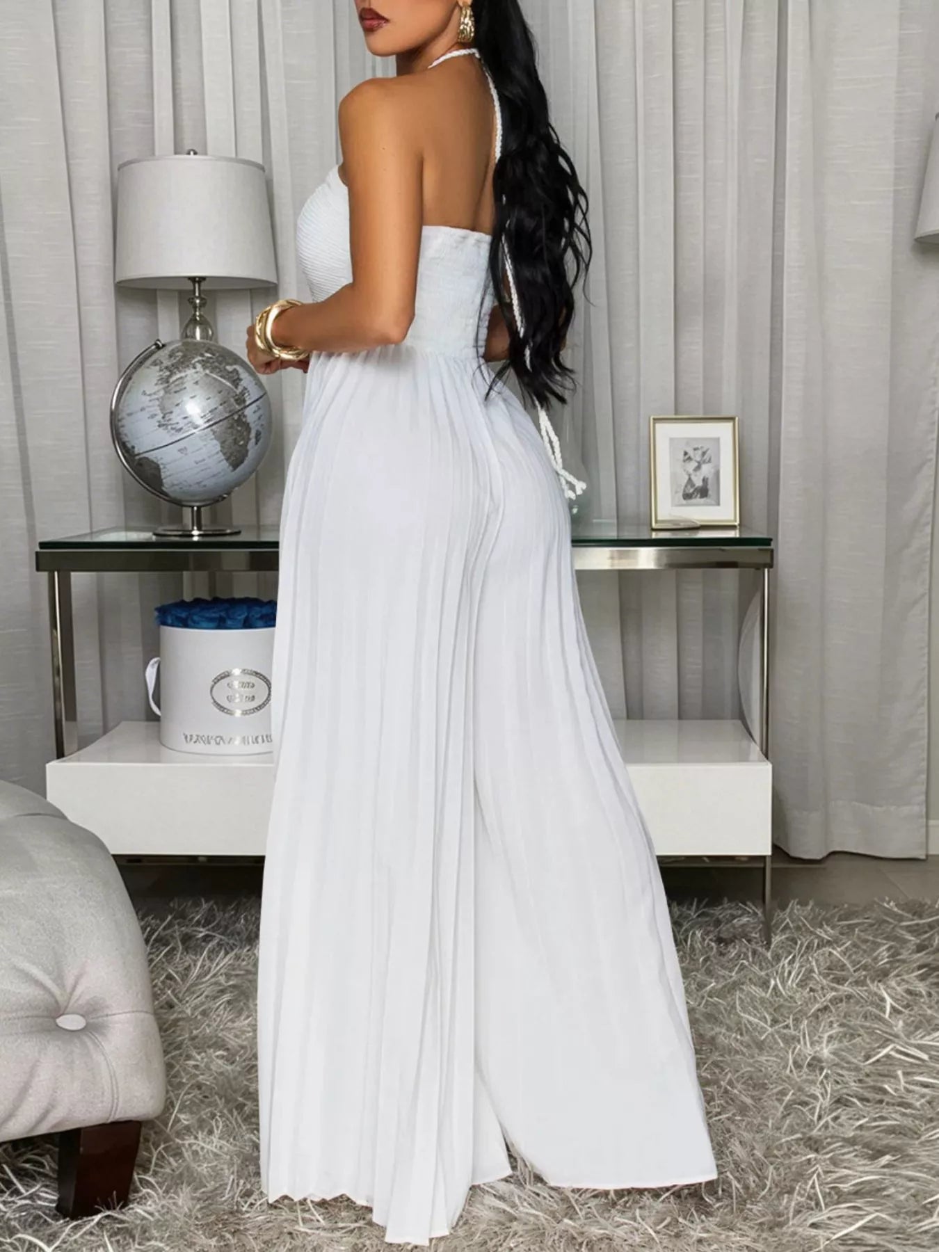 Pleated Halter Neck Wide Leg Jumpsuit