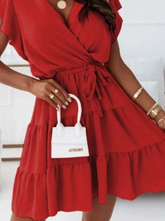 Ruffled Surplice Cap Sleeve Mini Dress