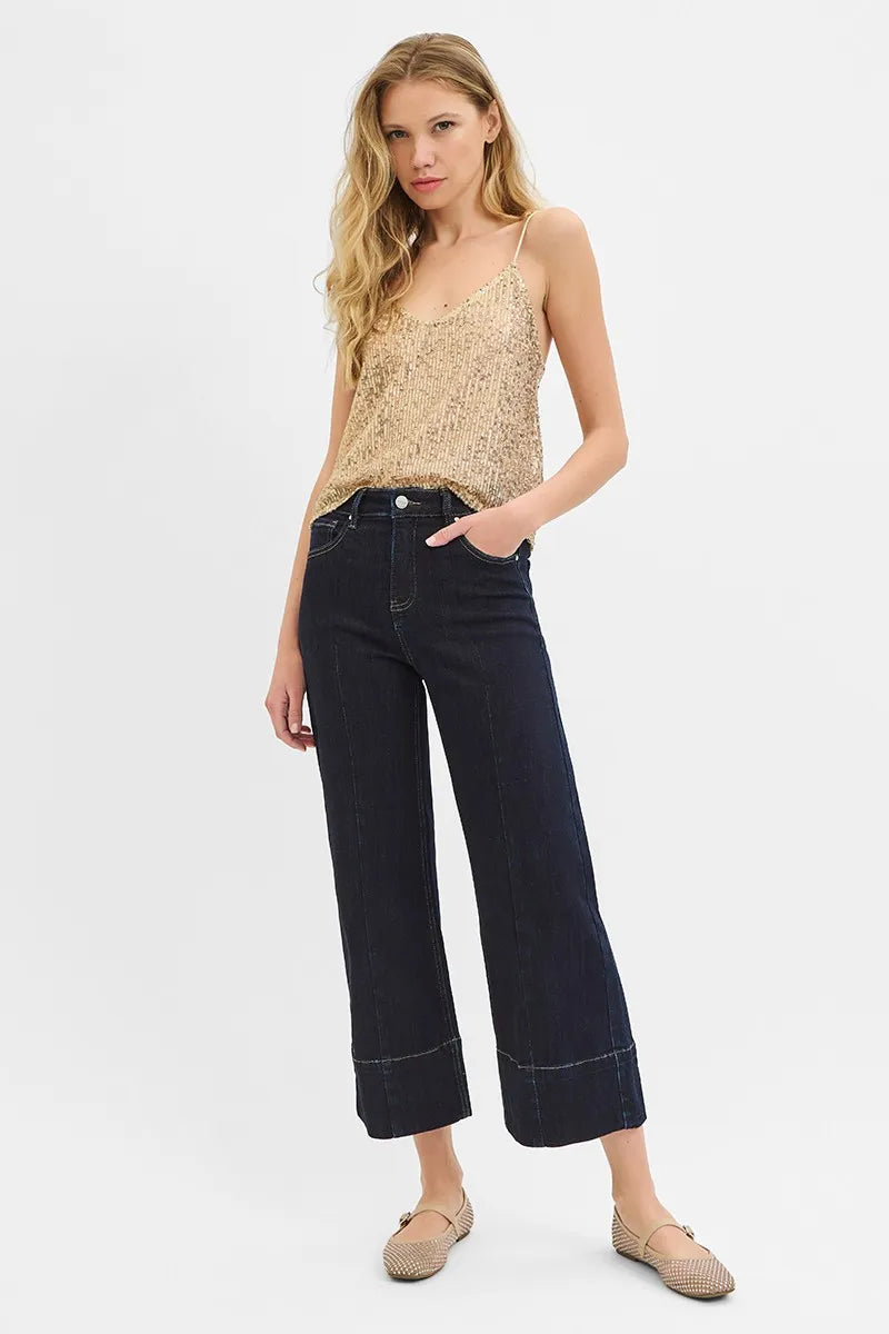 Tummy Control High Rise Crop Jeans with Wide Seam Detail