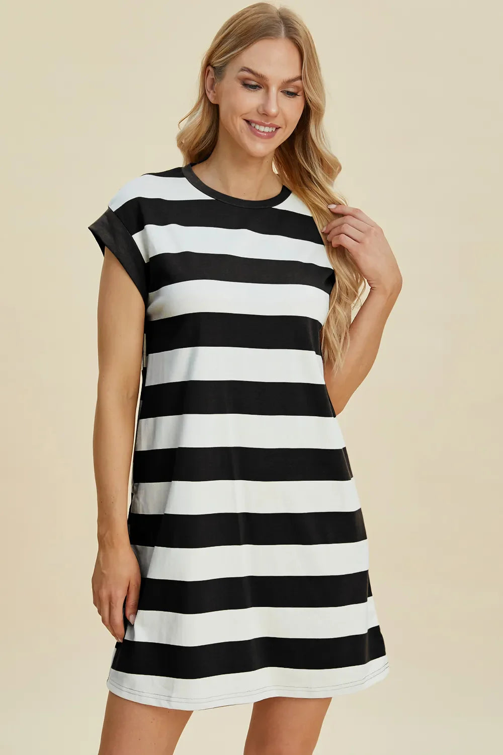 Striped Sleeve Mini Dress = Round Neck