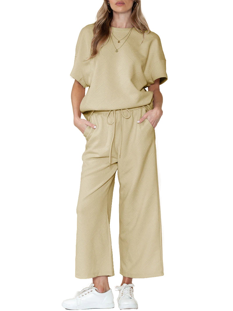 ⏰Hot Sale-Women's Textured Loose Fit T Shirt and Drawstring Pants Casual Set (Buy 2 Free Shipping)