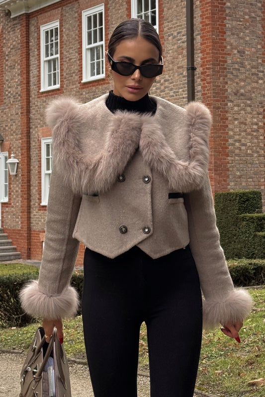 Hallie | Faux Fur Trim Double-Breasted Jacket