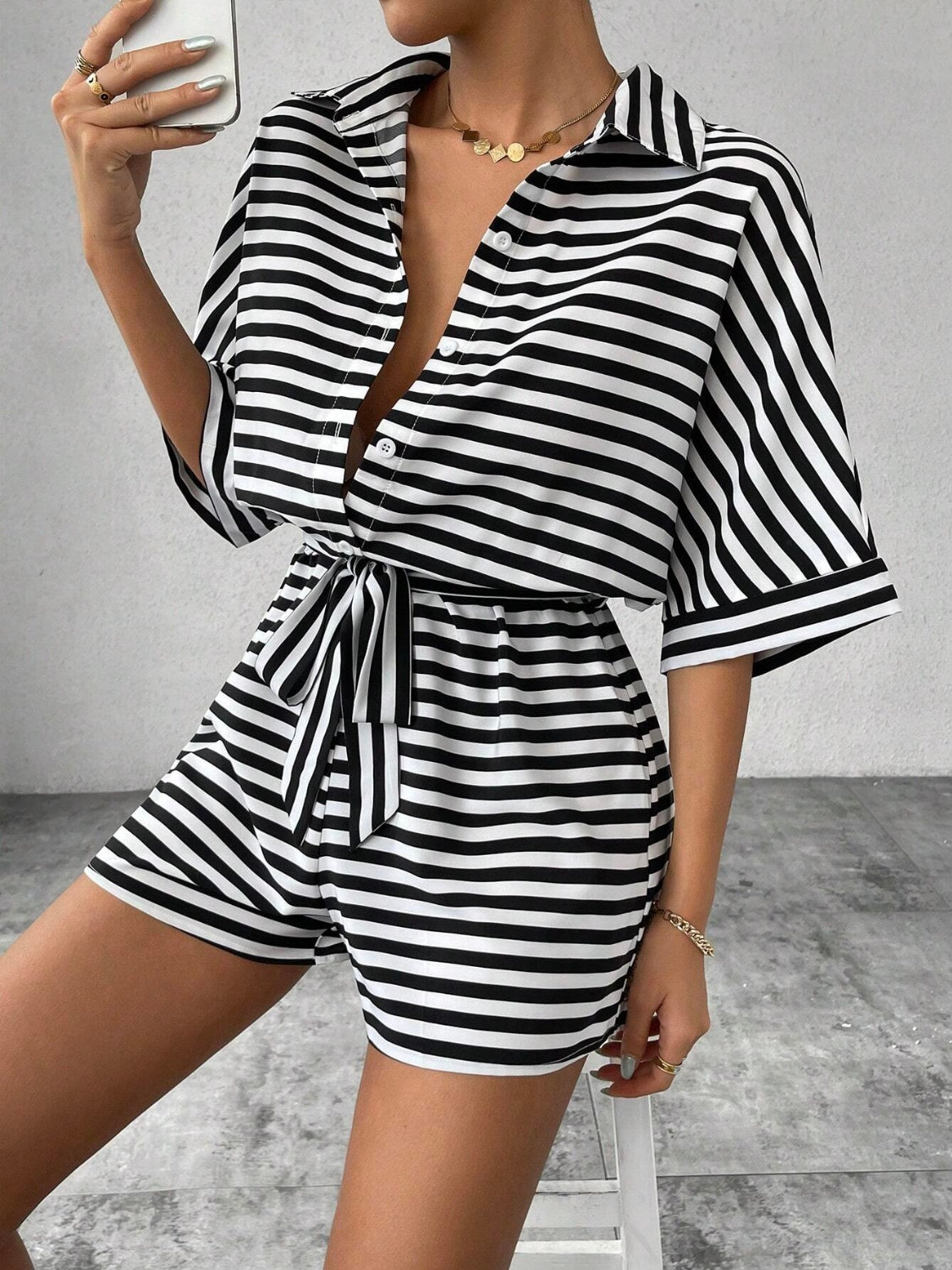Striped Romper - Tie Waist
