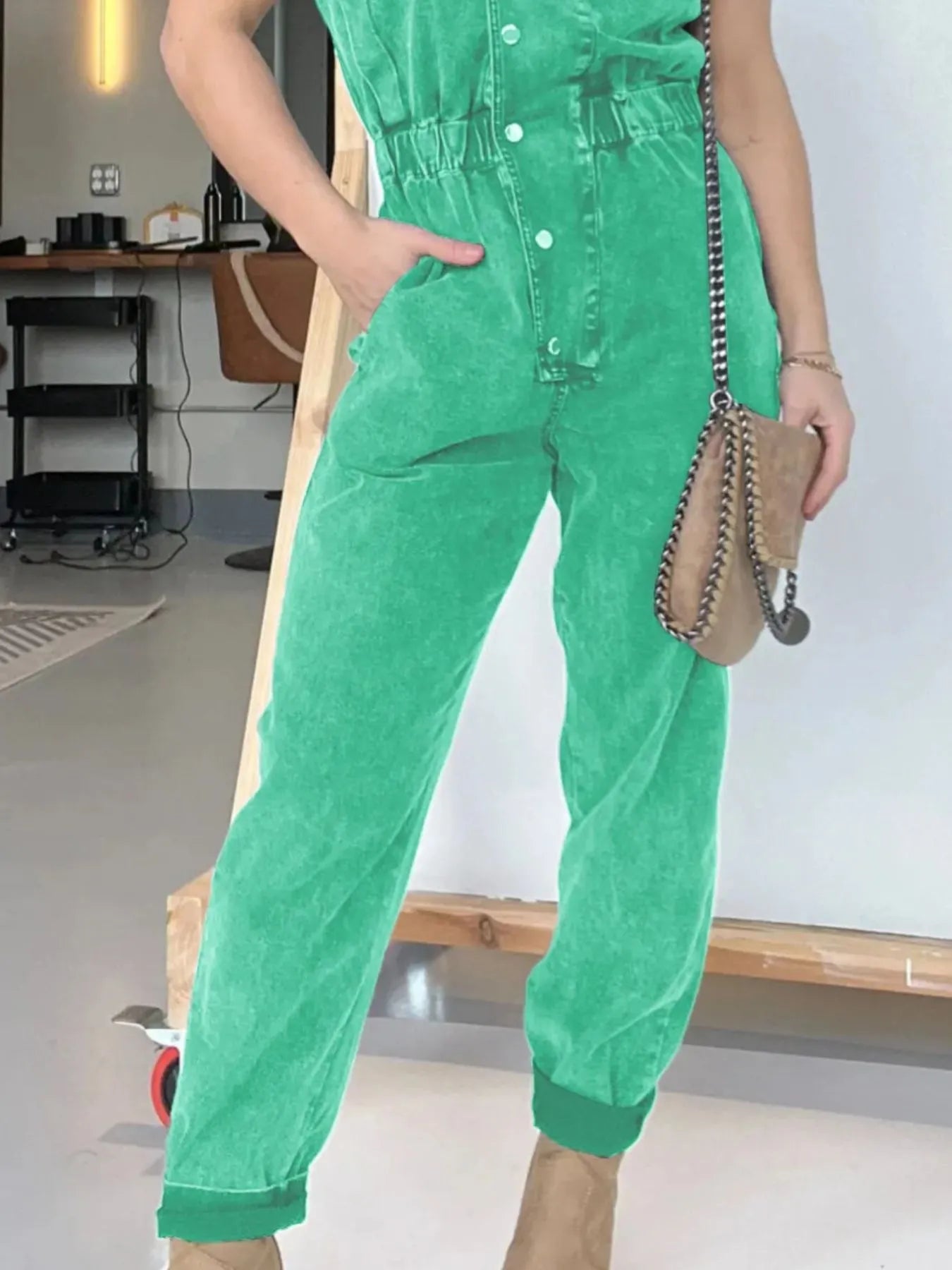 Full Size Button Front Cap Sleeve Denim Jumpsuit Plus Size
