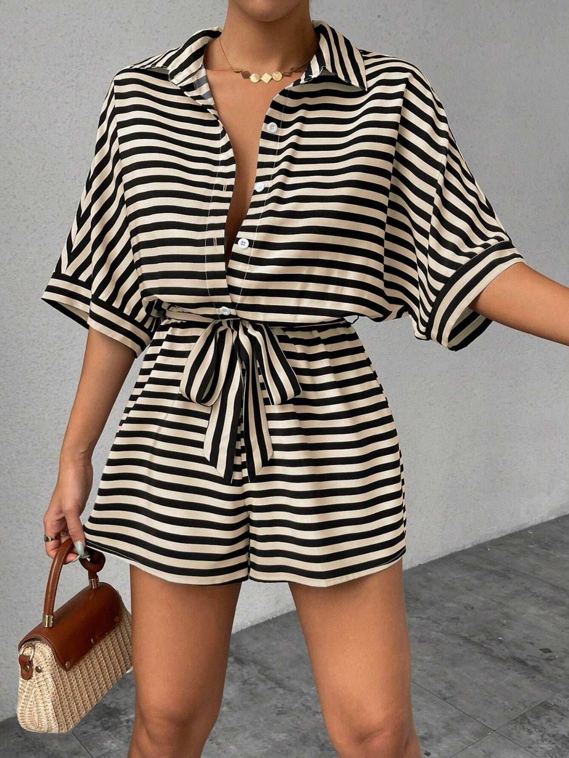 Striped Romper - Tie Waist
