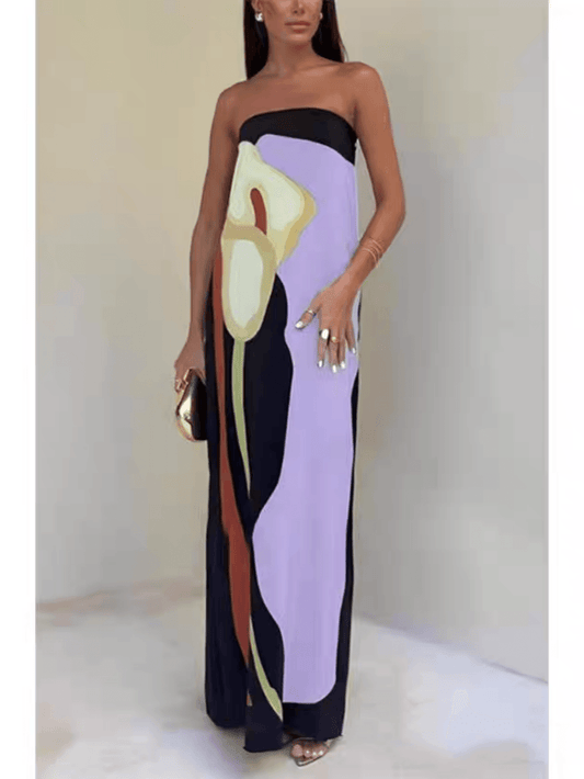 Strapless Color Block Printed Maxi Party Dress Lilac