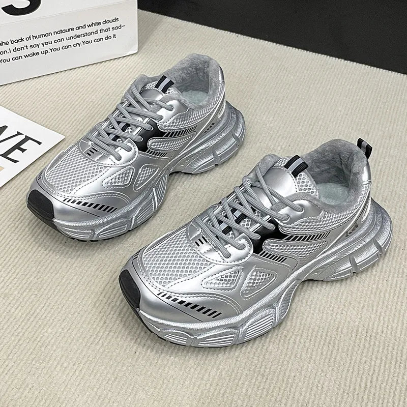 Silver Lace-Up Platform Athletic Shoes – Sporty Shine