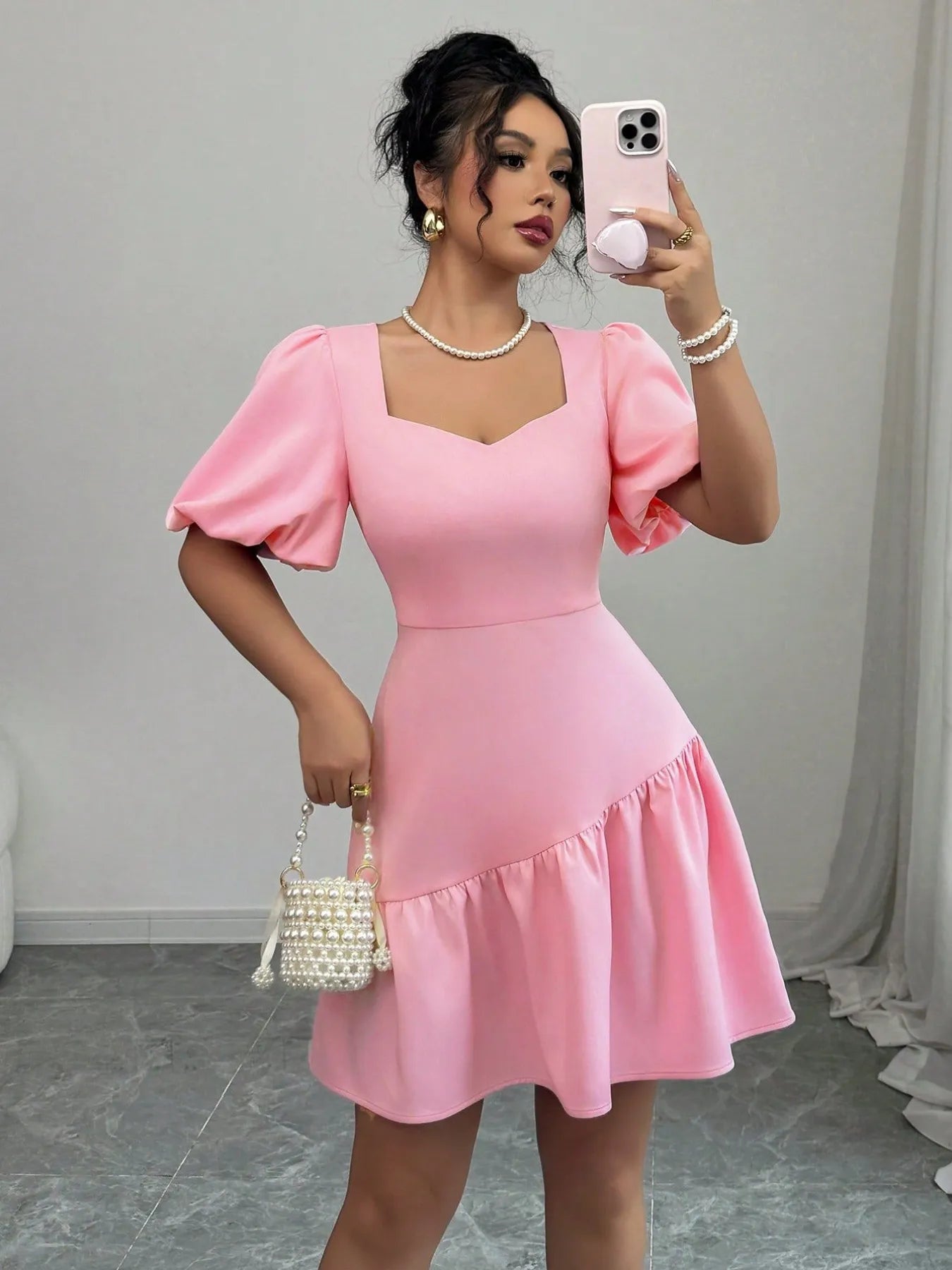 Pink Ruffled Hem Puff Sleeve Mini Dress – Feminine Short Sleeve Summer Dress for Women