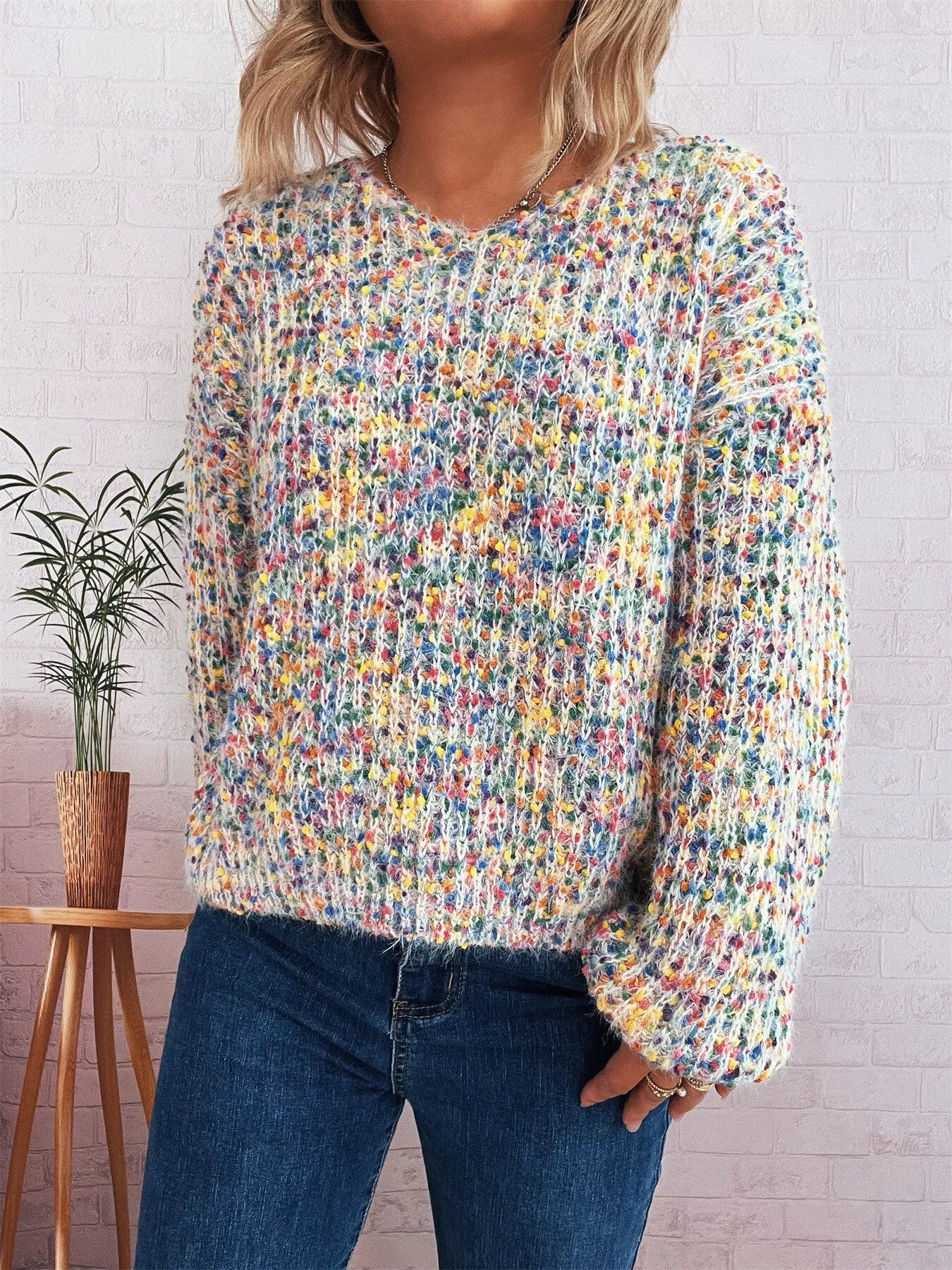 Women’s Colorful Long Sleeve Sweater – Vibrant Knit Pullover for Fall & Winter