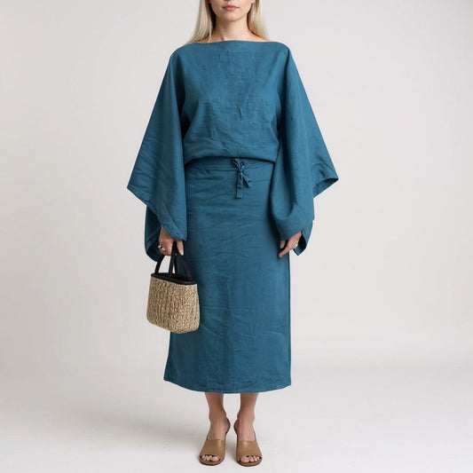 Kamilia - Kimono Dress with Belt Blue