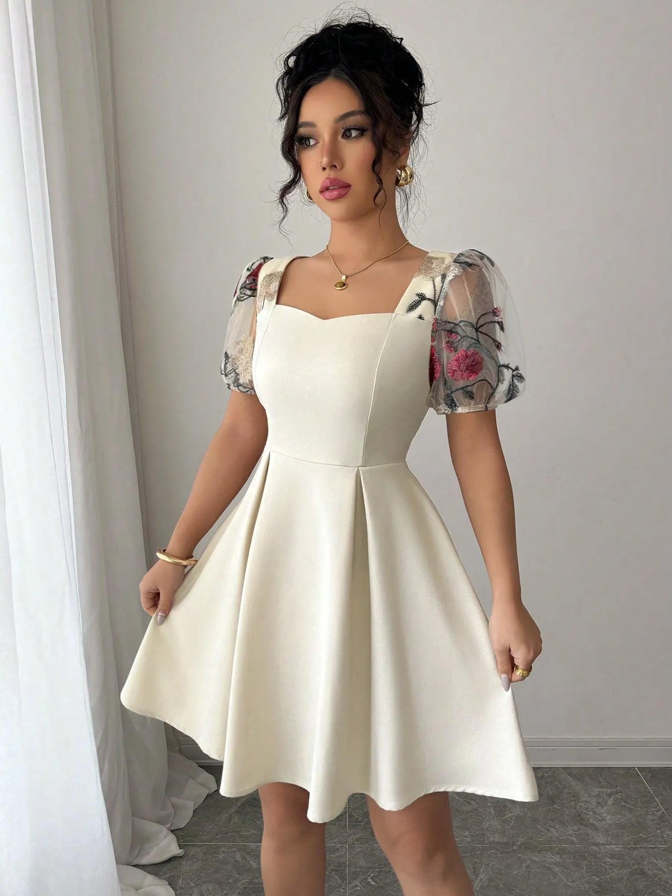 Ivory Square Neck Floral Sheer Sleeve Dress – Elegant Romantic Mini Dress for Women