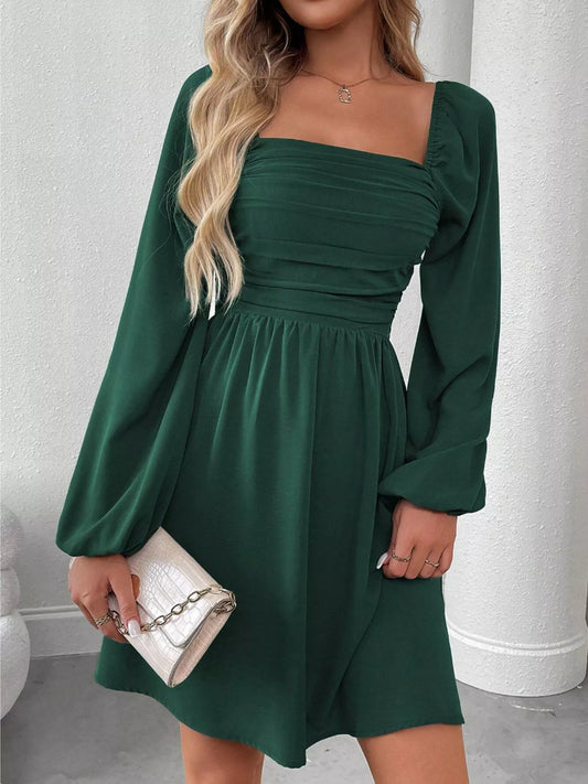 Ruched Square Neck Long Sleeve A-Line Dress