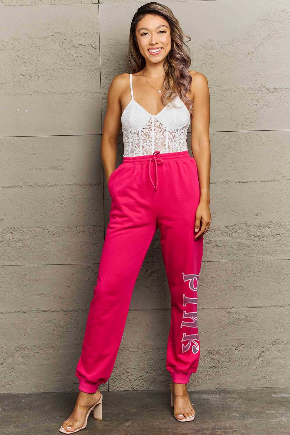 Simply Love Sweatpants – Pink Graphic, Full Size Fit