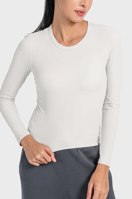 Long Sleeve Sports Tee – Round Neck, Modern Style White