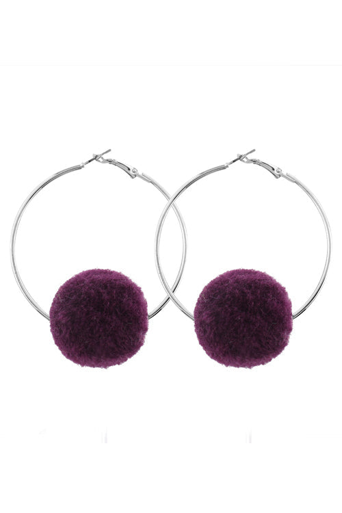 Hoop Fluffy Ball Earrings Purple