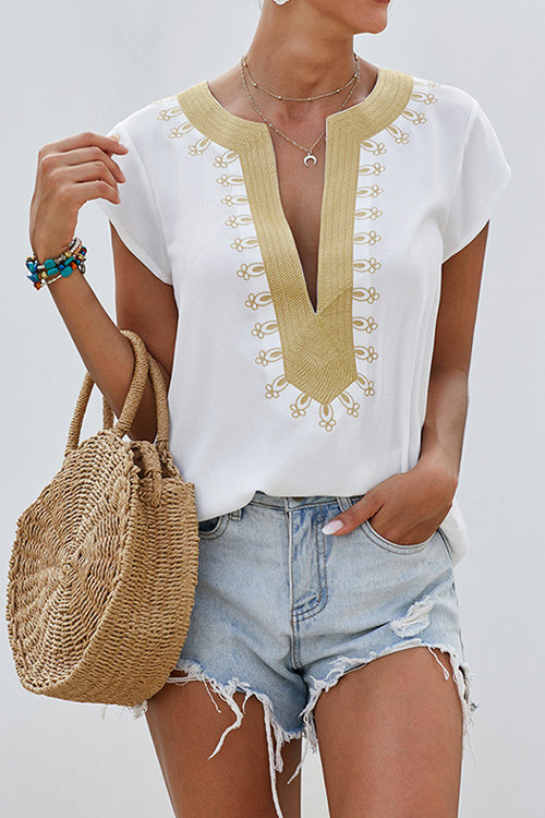 Pretty Pleased Boho Embroidered Short Sleeve Top - 4 Colors White