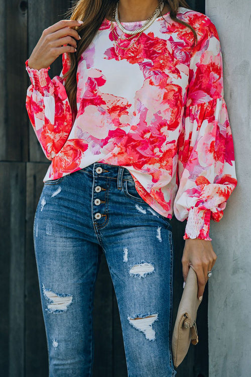 Sweet And Chic Floral Print Smocked Top Red
