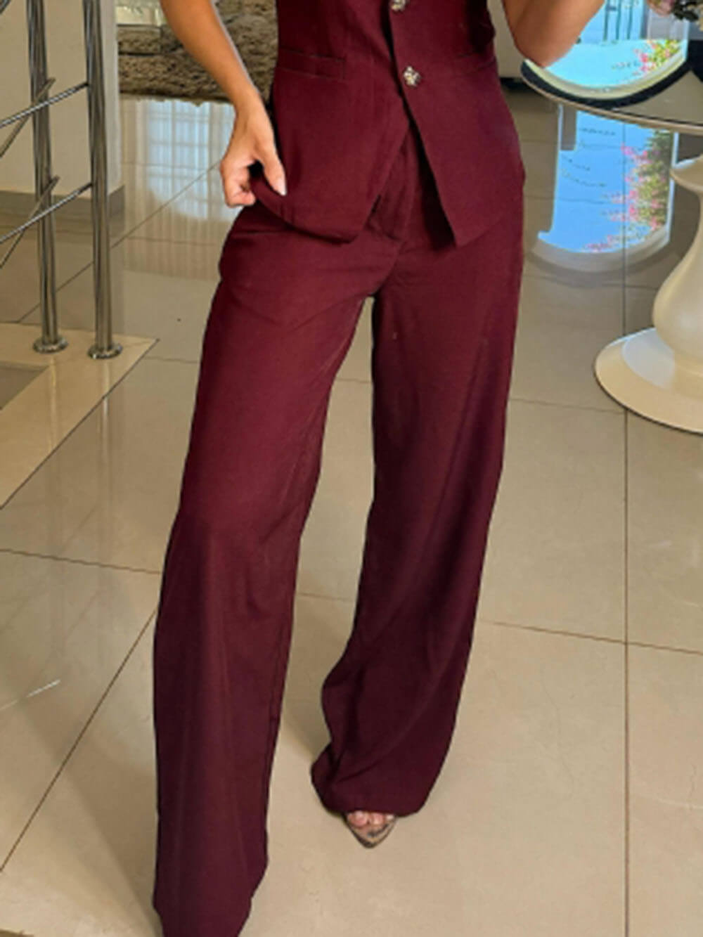 Perfect Charm Elegant Solid Pocket Wide-Leg Pants Dark Red