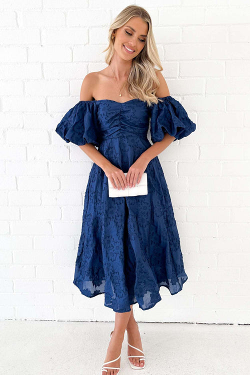Classic Elegance Puff Sleeve Floral Embroidery Midi Dress - 3 Colors Navy