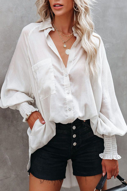 Love Life Oversized Pocket Balloon Sleeve Shirt - 3 Colors White