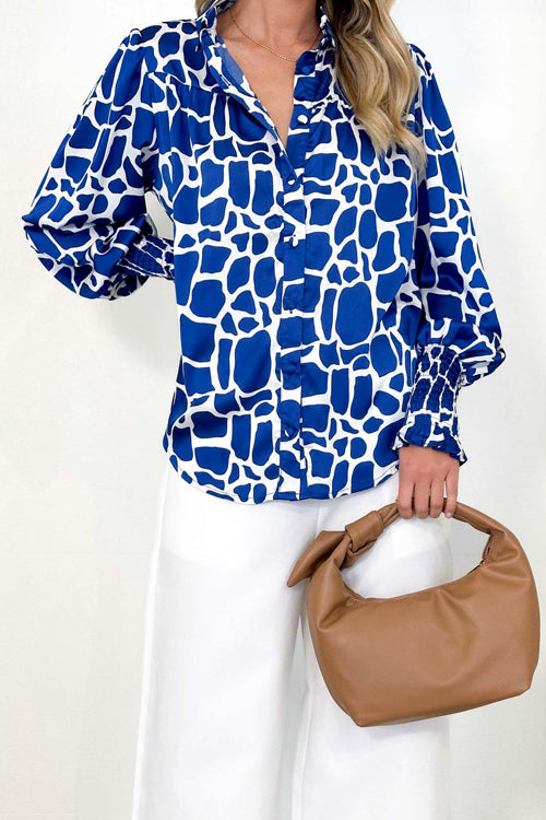 You've Got Me Collared Print Long Sleeve Top - 2 Colors Blue