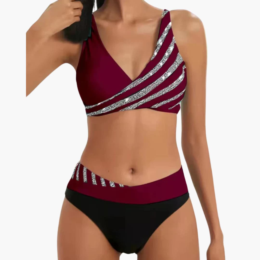 Striped Bikini - Women's Sparkly Two-Piece Swimwear Set