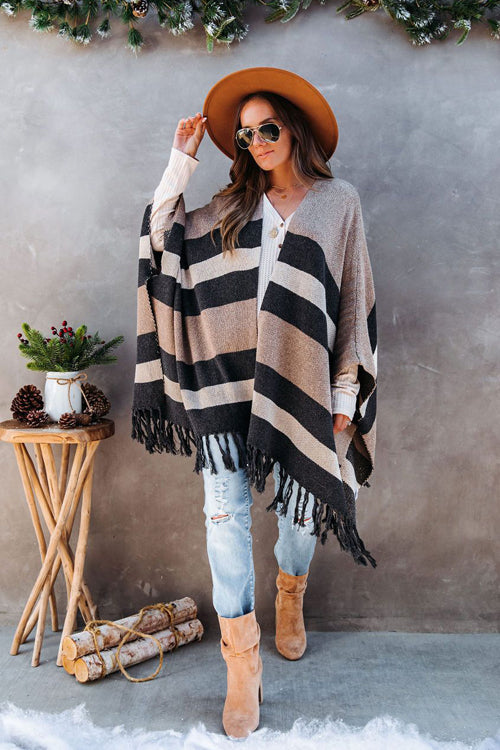 Weekend Chiller Striped Tassel Knit Cardigan - 2 Colors Black