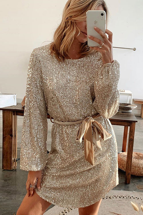 Glamorous Sequin Tie-Waist Mini Dress - 2 Colors Gold