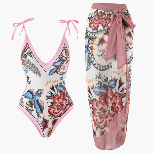 Floral One-Piece Swimsuit Set - for Women with Sarong