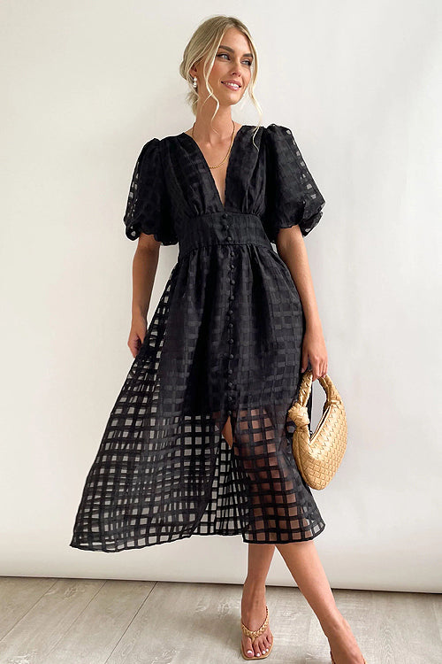 Garden Of Romance Puff Sleeve Midi Dress - 9 Colors Black