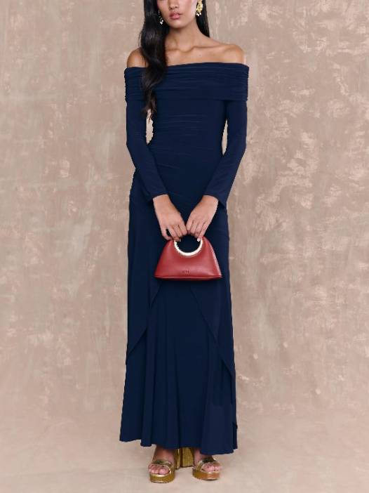 Off-shoulder Irregular Hem Maxi Dress Dark Blue